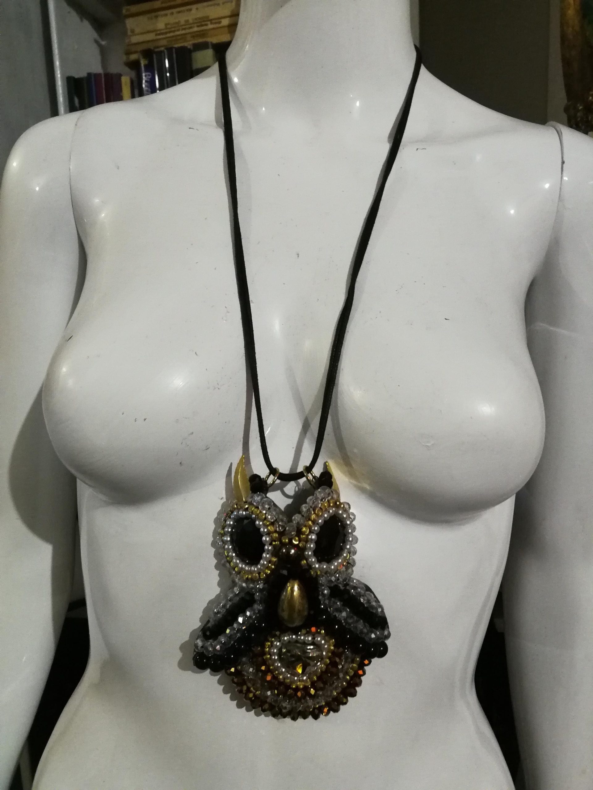 Owl Pendant, Statement Jewelry Nocturnal Bird Gothic Necklace, Embroidered Pendant Beaded Pearl Crystal Charm