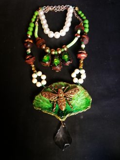 Fine Jewelry, Fan Leaf Bold Necklace, Chunky Pendant Art Nouveau Nature Pearl Crystal Charm