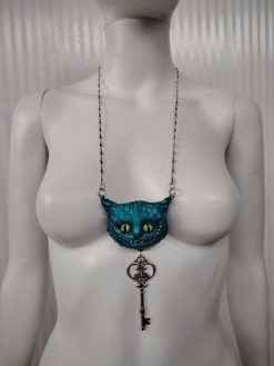 Cheshire Cat, Alice in Wonderland Sculpture Jewelry Necklace, Key Padlock Pendant Charm Fairy Tale