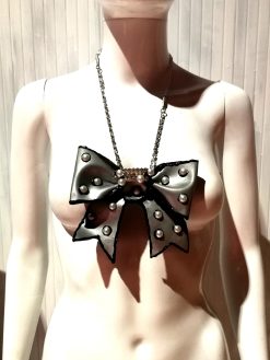 Big Bow Silver Pendant Necklace, Pearl Choker, Handmade Italian Couture