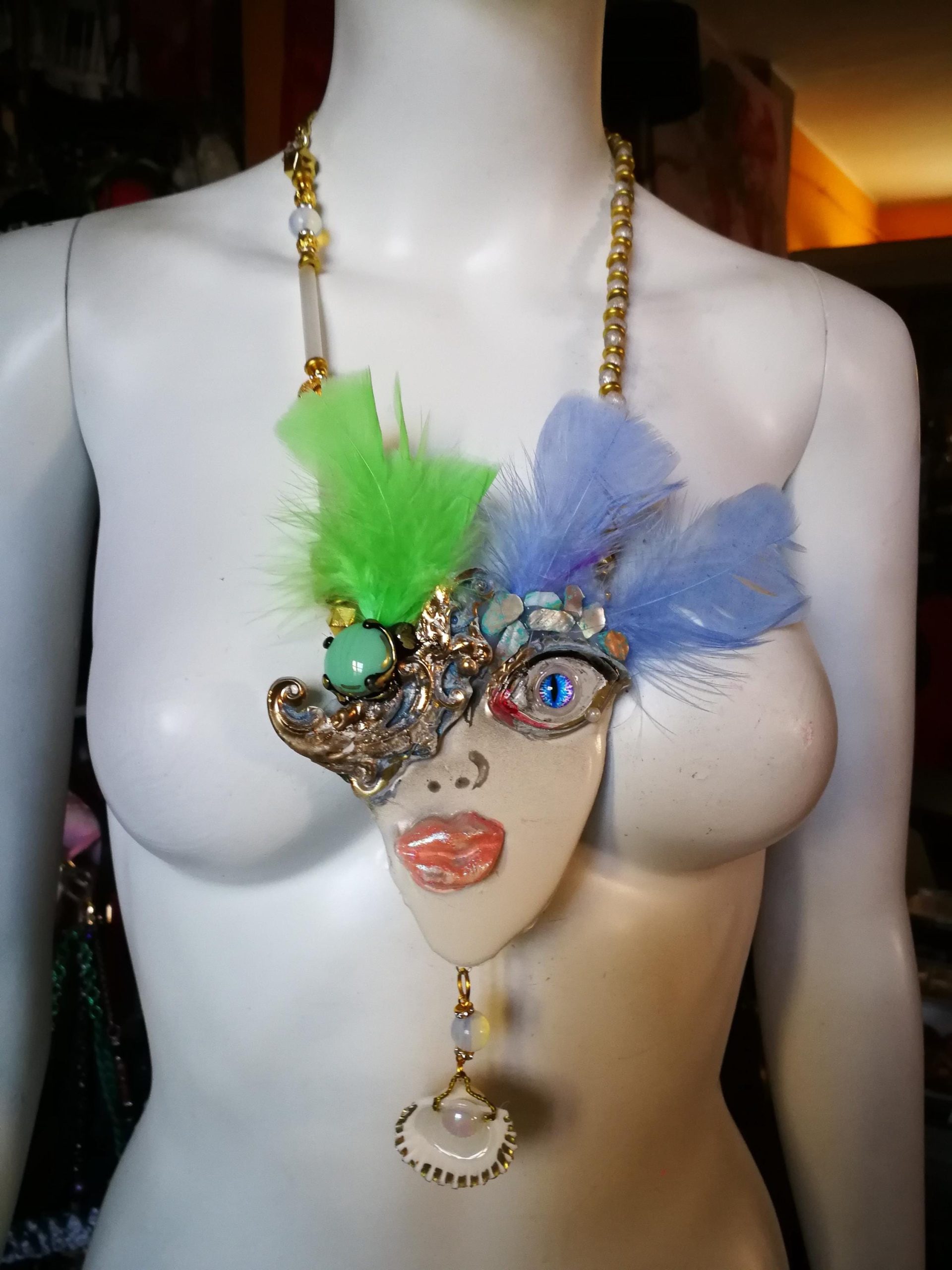 Lady Face Necklace, Belle Epoque Charleston Gasby Pendant Chunky Portrait, Amazzonite & Shell Jewelry Charm