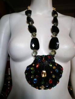 Bejeweled Shell Pendant & Black Design Big Bold Chunky Necklace, Statement Jewelry Luxury Crystal Strass