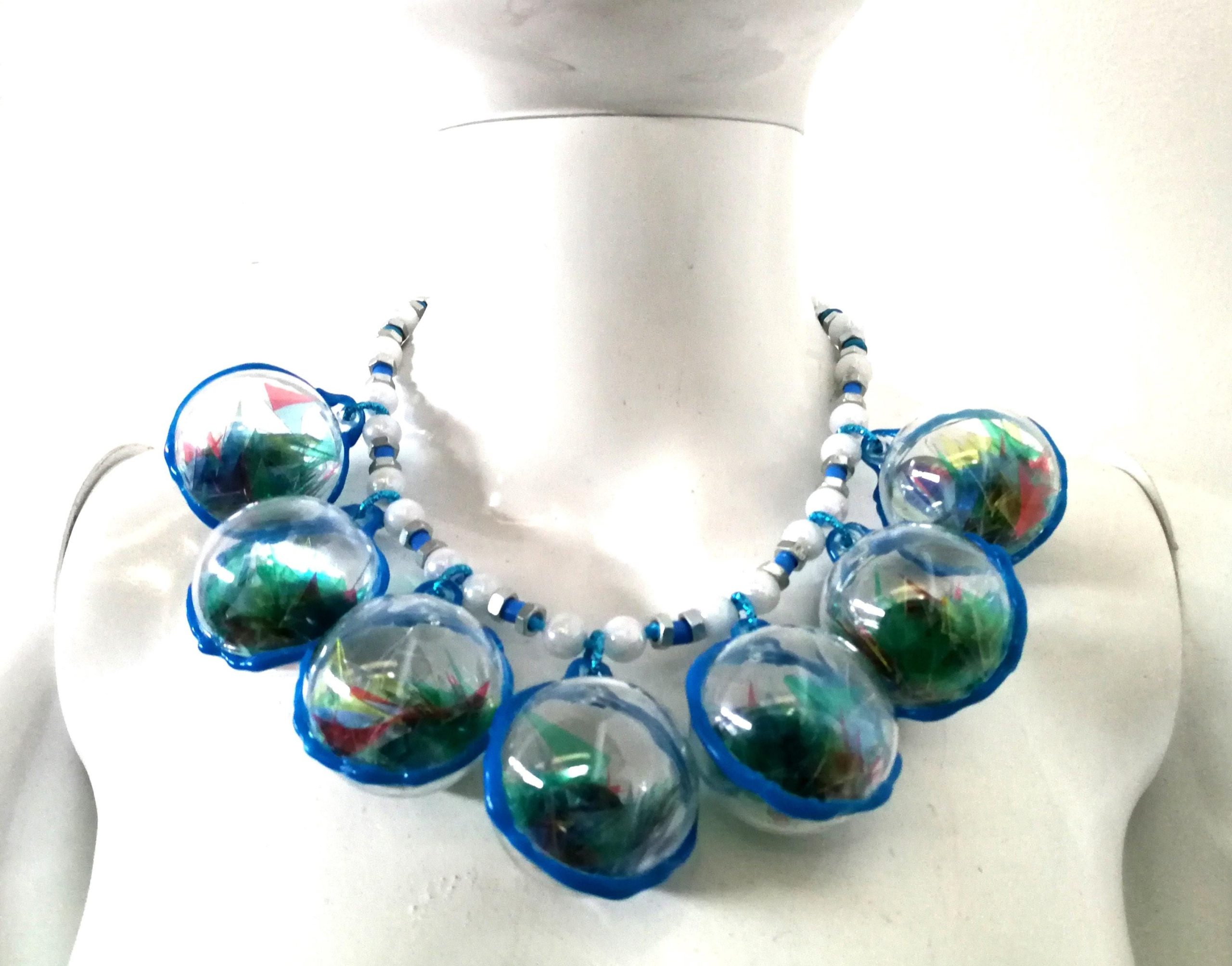 Futuristic Necklace Transparent Ball Jewelry, Avangarde Beaded Necklet Charm, Italian Design Choker Collar Caleidoscope