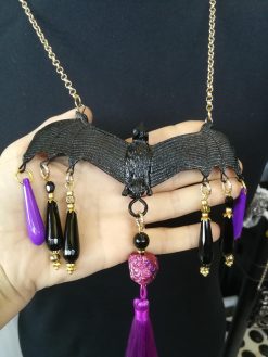Bat Vampire Jewelry Dark Necklace, Beaded Tassel Pendant Chain, Gothic Punk Rock Jewel Charm
