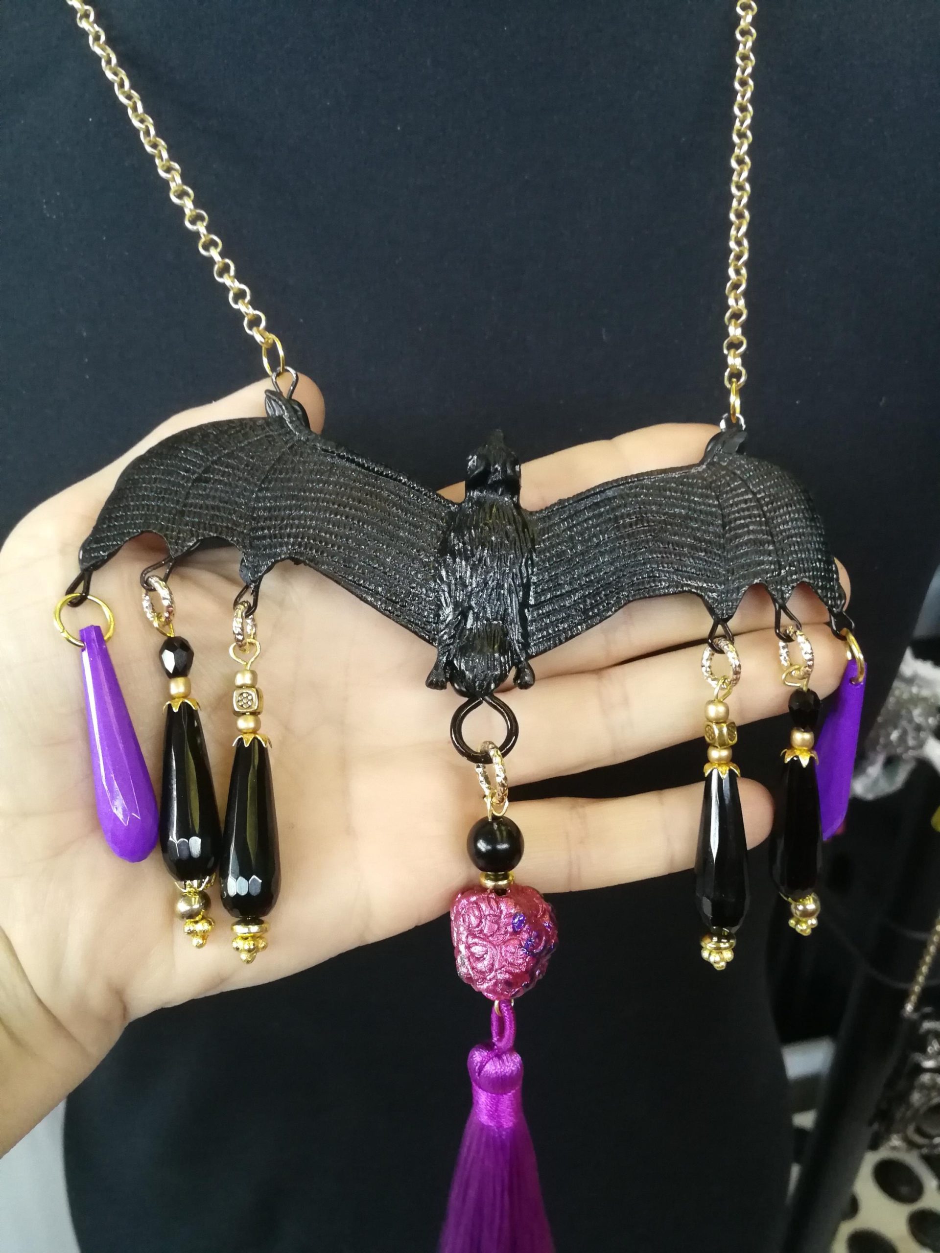Bat Vampire Jewelry Dark Necklace, Beaded Tassel Pendant Chain, Gothic Punk Rock Jewel Charm