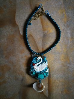 Swan Necklace, Statement Charm Pendant, Seashell Fine Jewelry Sculpture Luxury Turquoise Pearl & Raw Stone