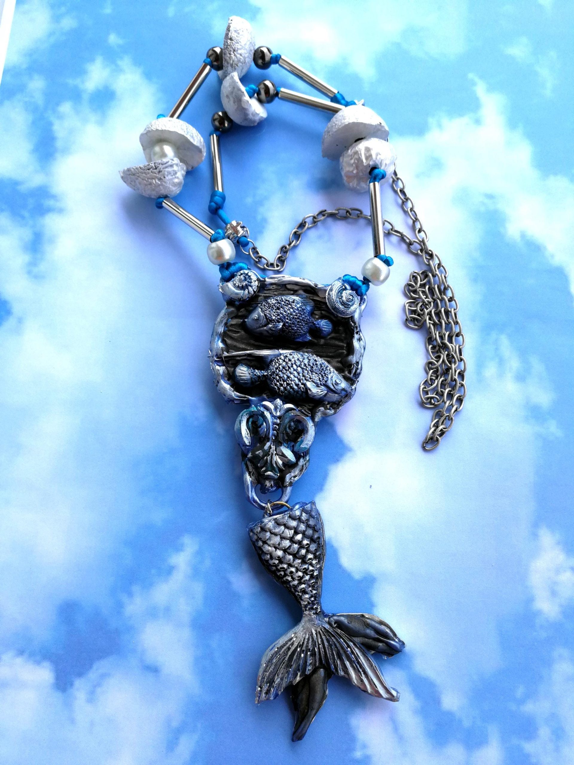 Siren Tail Jewel, Mermaid Necklace Jewelry, Statement Luxury Sculpture Fish Pendant Sea Life Chain