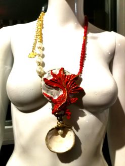 Red Pisces Koi Fish Necklace Jewelry, Natural Shell Pendant Pearl Collier, Luxury Statement Jewellery