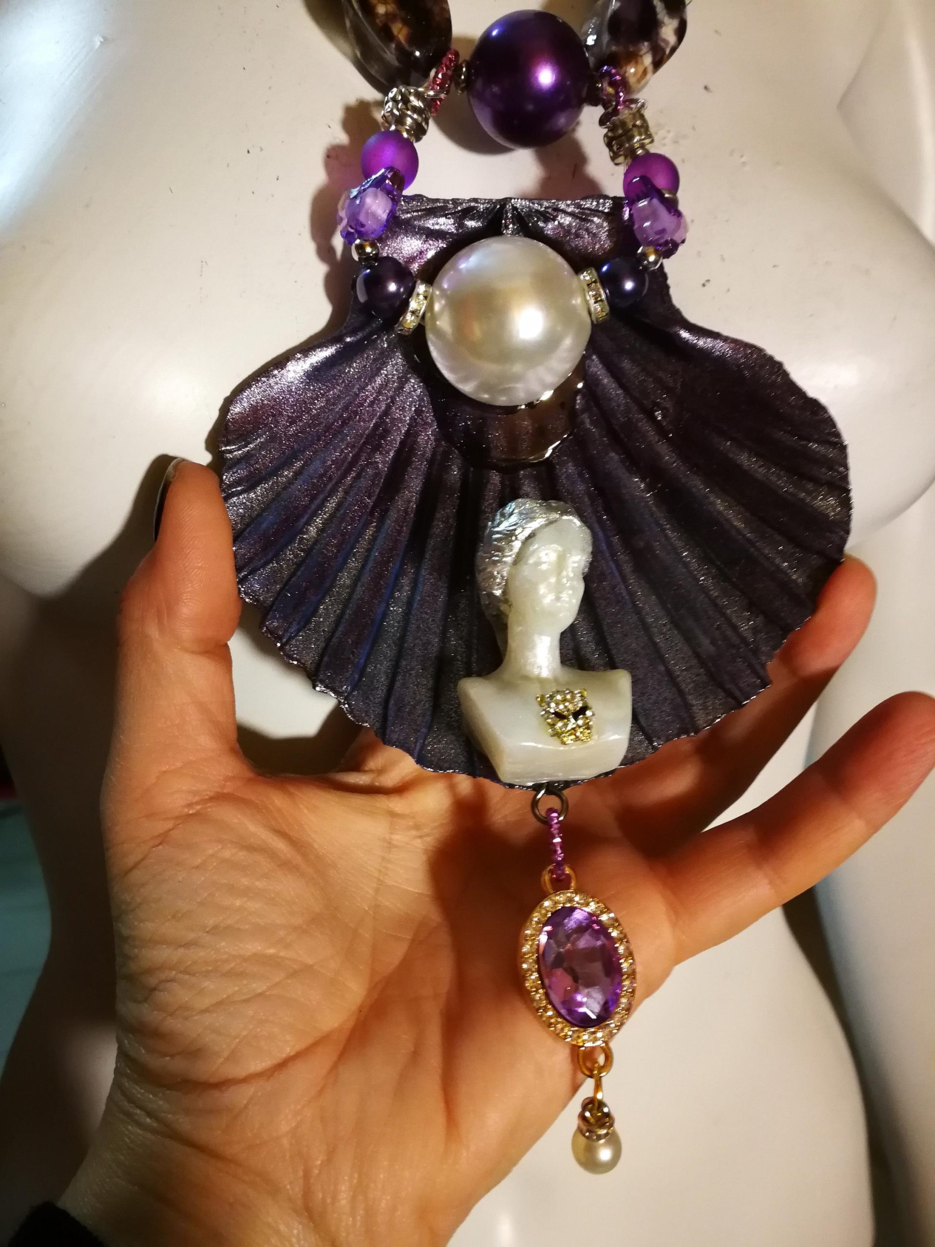 Shell Pendant Amethyst Statement Rhinestone Ball Accents Big Bold Chunky Necklaces Design Beaded Jewelry