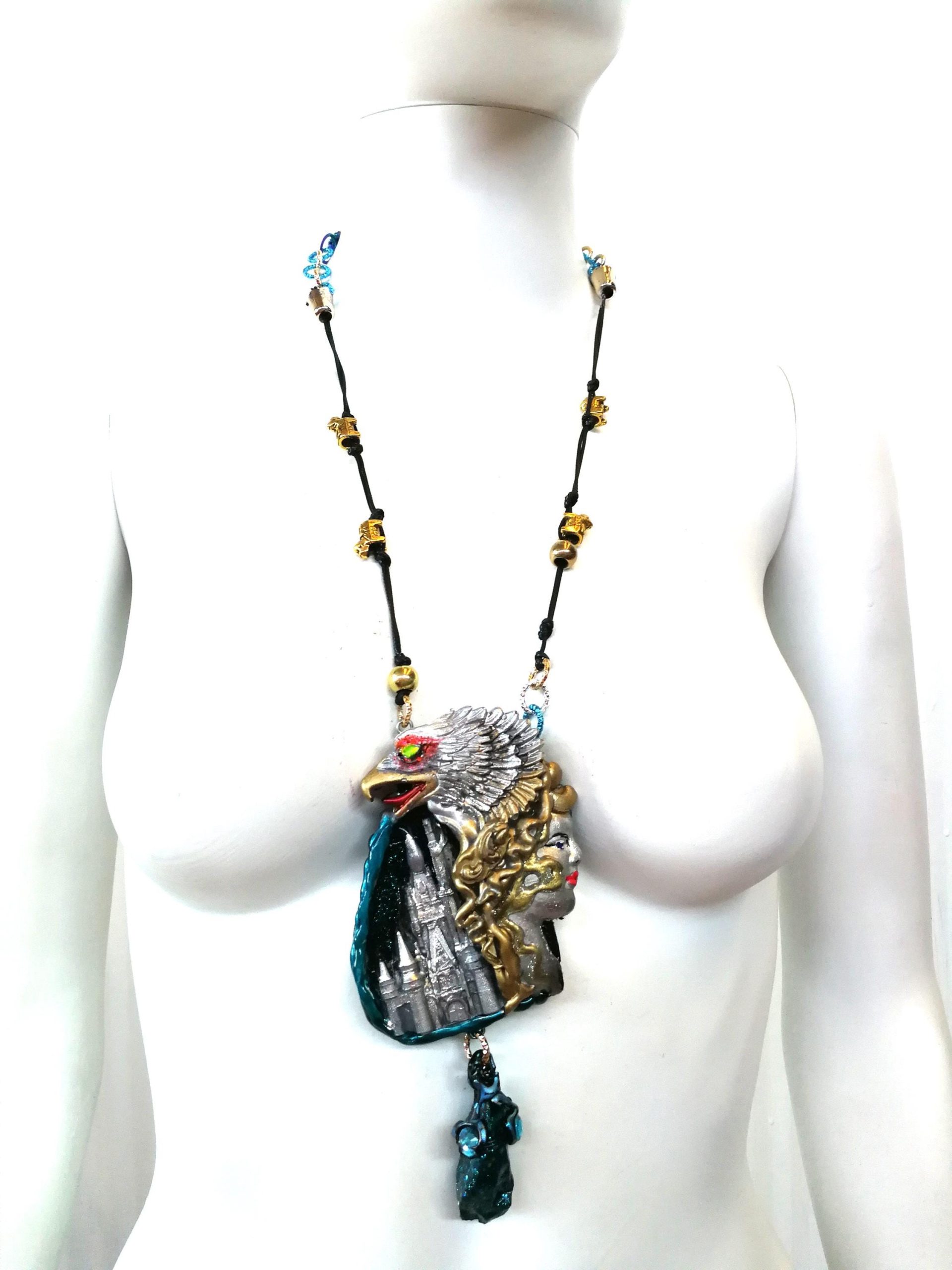 Silver Eagle Pendant, Statement Necklace Vulture Wild Bird Jewelry, Viking Castel Raw Stone Charm