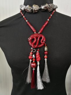 Brutalist Necklace, Chunky Snake Sculptural Pendant, Serpent Statement Jewelry Stone Beaded Chain Pyrite Gemstone
