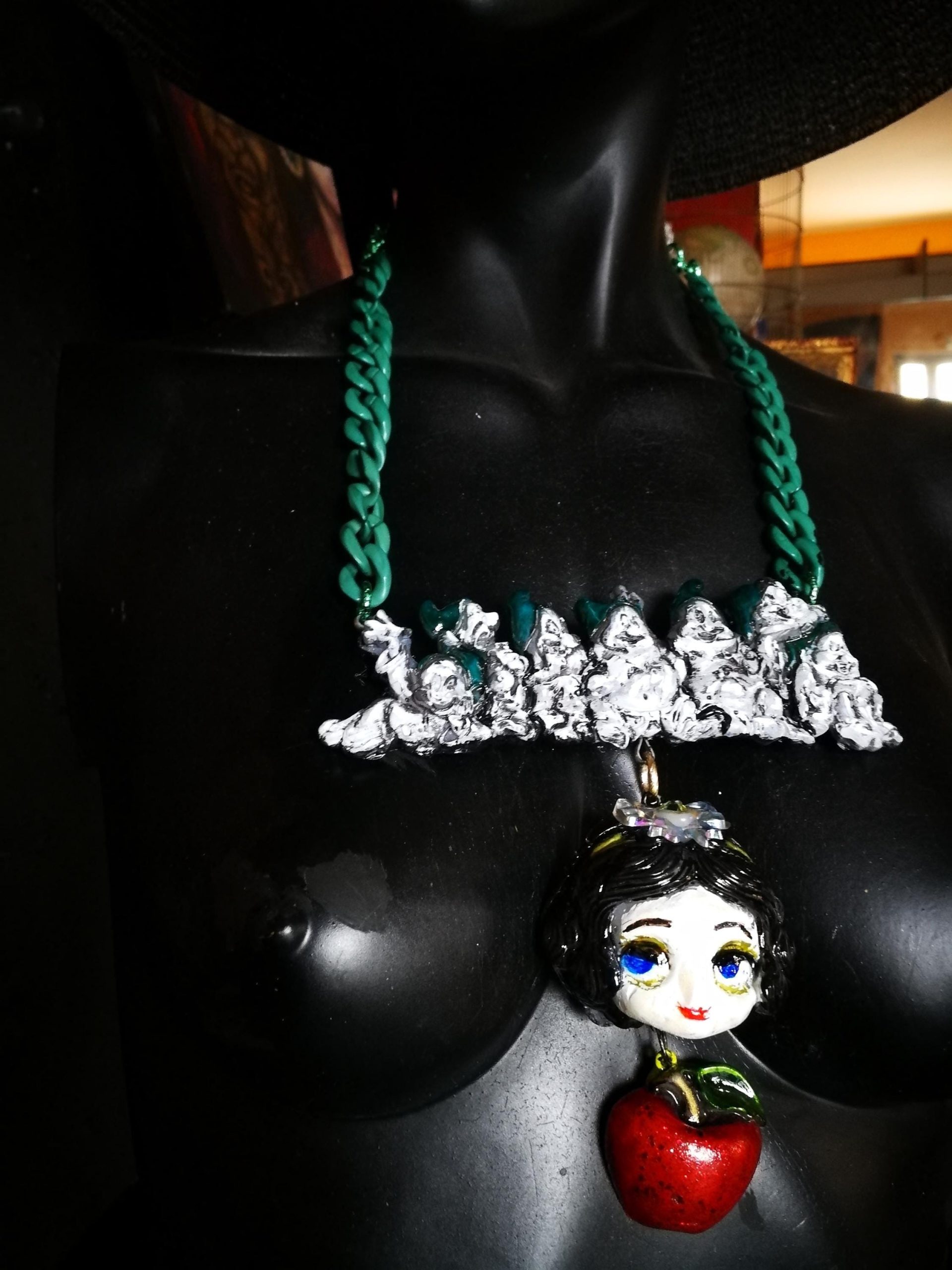 Whimsical Jewelry, Snow White & the Seven Dwarfs Necklace Manga Doll Fantasy Pendant Cartoonish Apple Charm