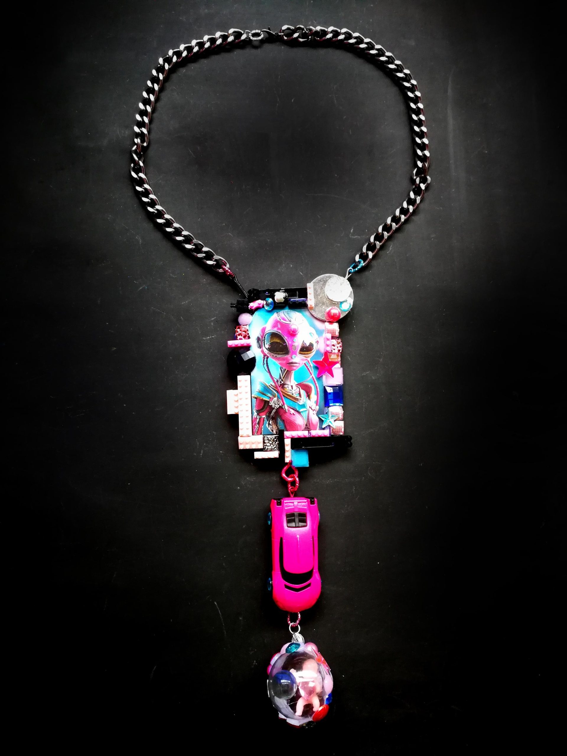 Futuristic OOAK Jewelry, Alien Statement Necklace UFO Area 51 Extraterrestrial E.T Design, Hi Tech Pendant