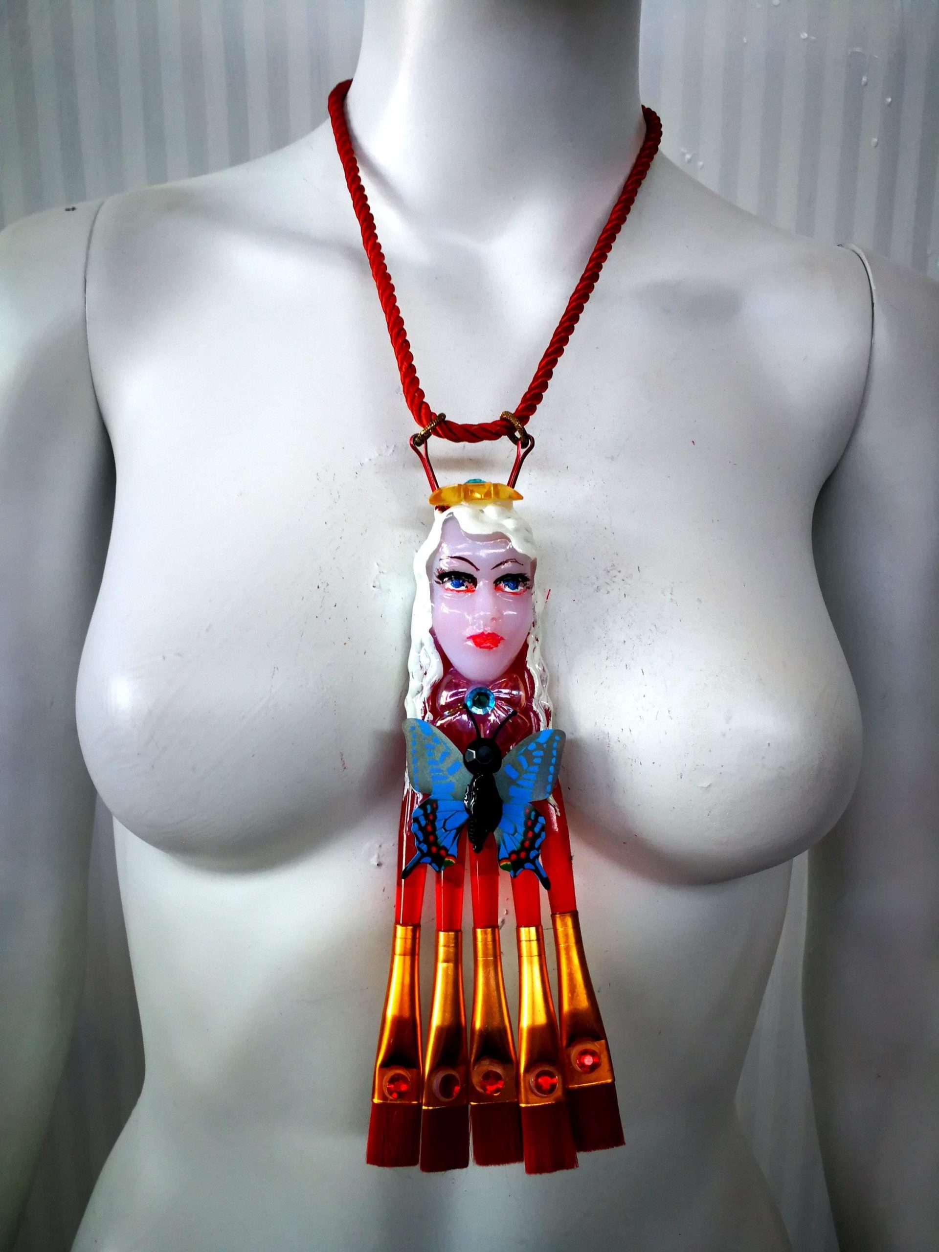 Statement Jewelry, Assemblage Necklace Pendant Doll Head, Modernist Design Chunky Charm Artist Painter Brush