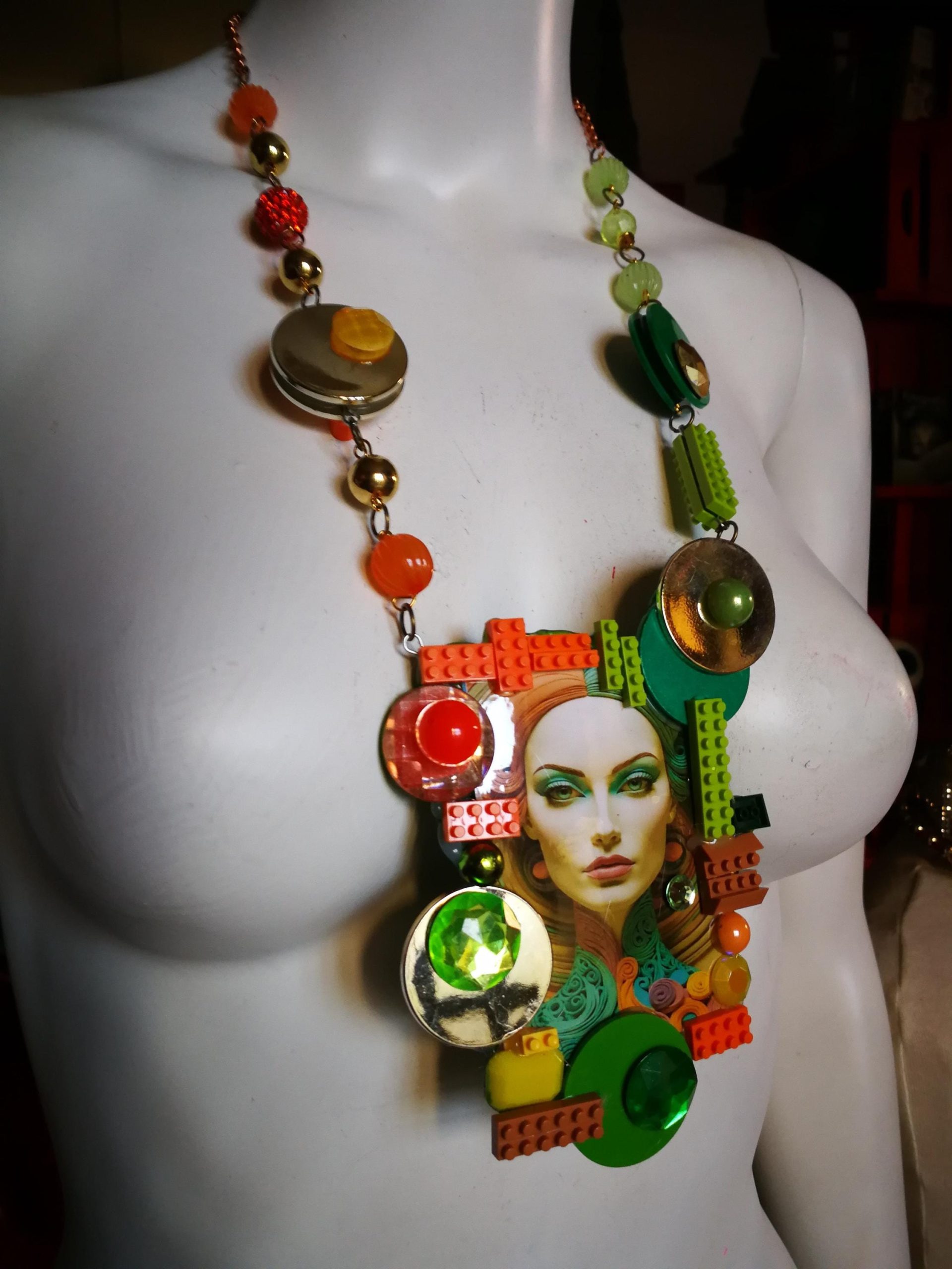 Futuristic Jewelry 1960 1970 Design Necklace, OOAK Modernist Beaded Pop Art, Disco Fashion Style Multicolored Pendant