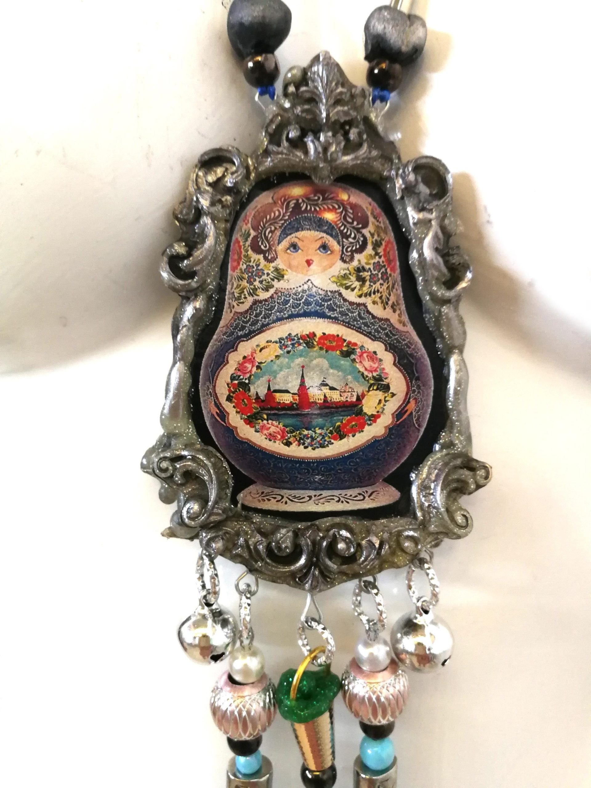 Matryoshka Dolls, Sculpture Statement Jewelry, Big Bold Chunky Necklace Traditional Folk Pendant Russian Folkloric