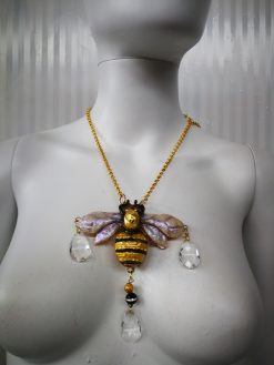Queen Bee Jewelry, Gold Bumble Honey Pendant, Sculptural Insect Necklace Charm Drop Bead Crystals