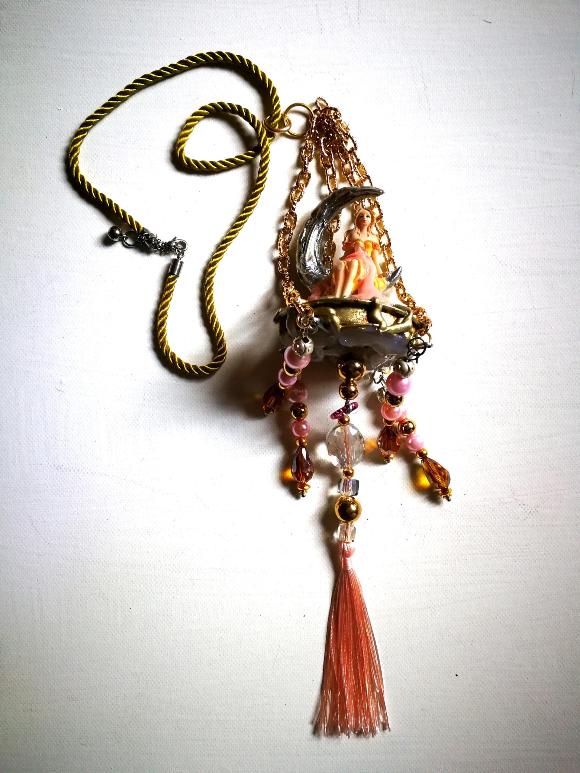 Fairy Garden Jewelry, Mythical Creature Fairies Tale, Little Doll Pendant, Moon Necklace Elegant Bib