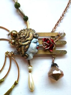 Belle Epoque Jewelry, Statement Doll Head Sculpture Pendant Charleston, Golden Age Liberty Flower Charm