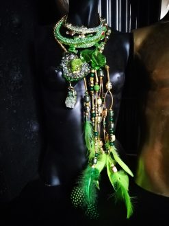 Metallic Emerald & Feathers Layers Statement Pendant, Avant Garde Sculpted Oversized Big Bold Chunky Necklaces