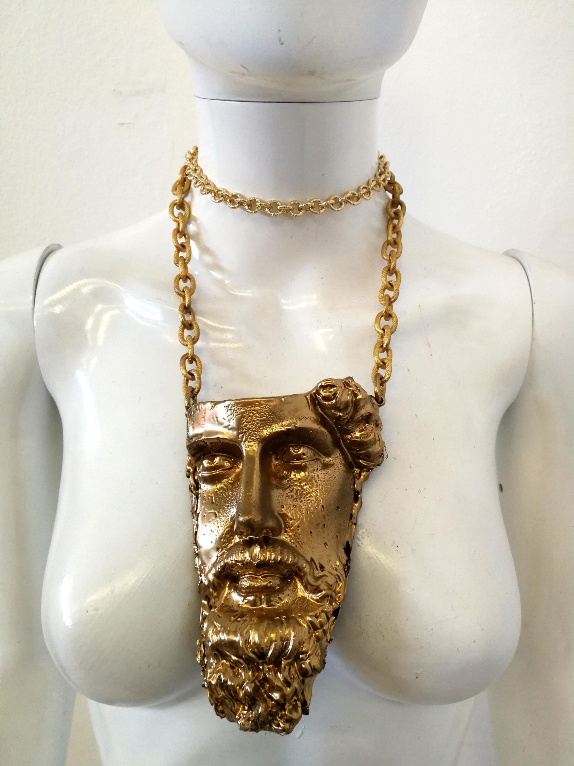 Antique Greek Statue, Head Face Portrait Sculpture Necklace, Pendant Chunky Jewelry Statement Brutalist Chain