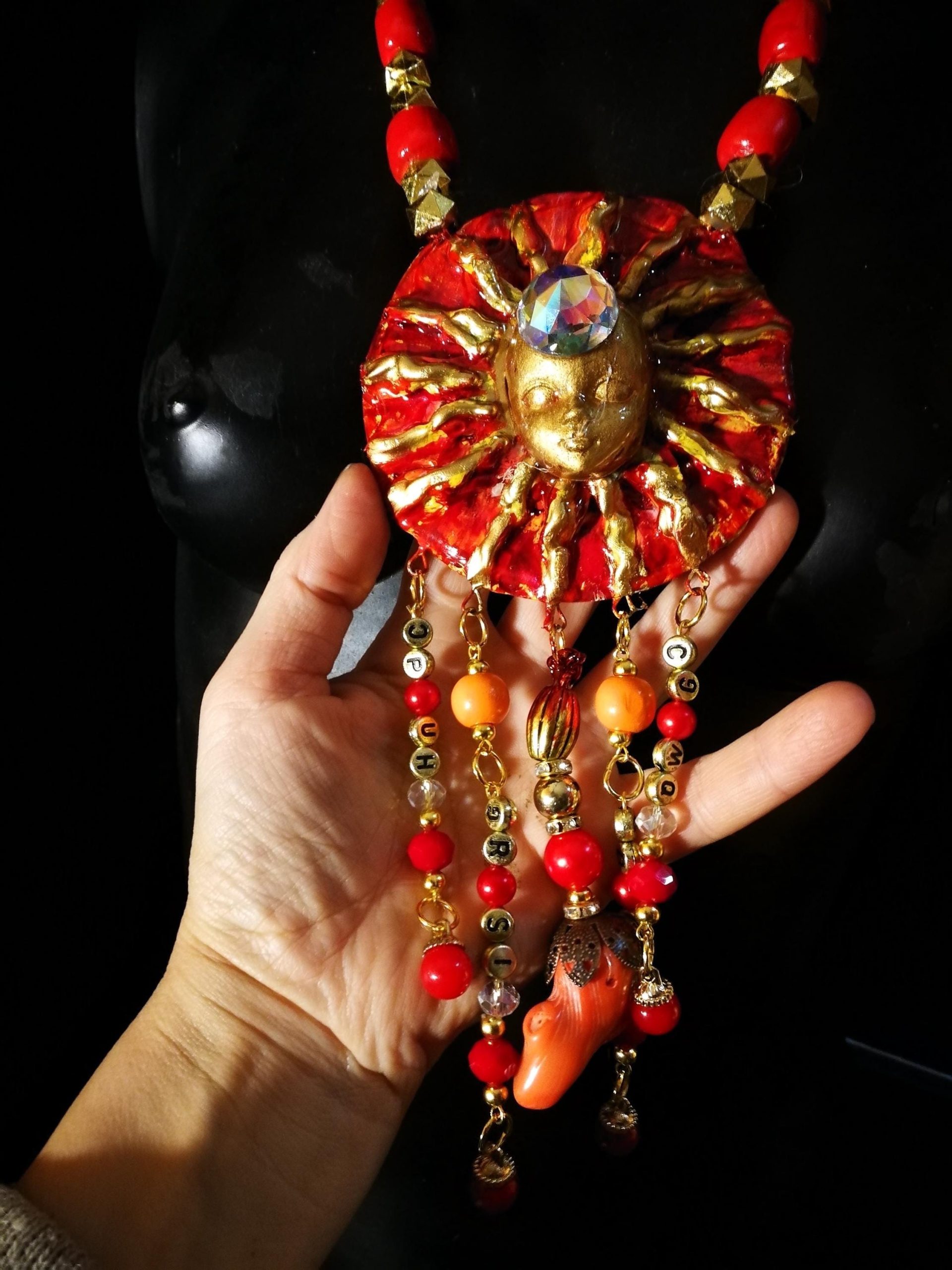 Red & Gold Sun Face Pendant Necklace, Beaded Dangles OOAK Wearable Art Statement Bold Jewelry