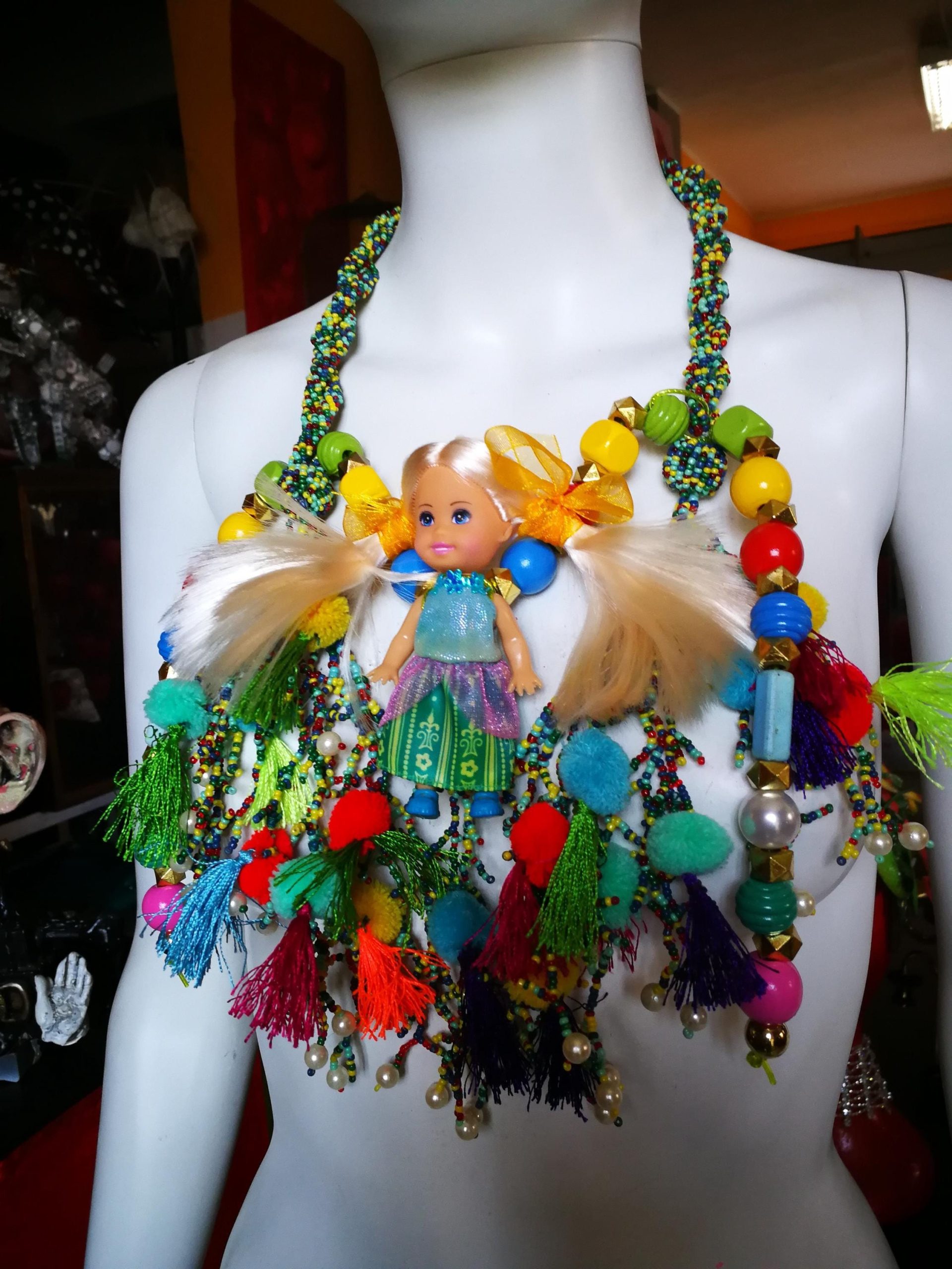 Designer Jewelry, Chunky Necklace Charm Pendant, Extravagant Boho Doll Folk Collar Bib Folkloric Assemblage