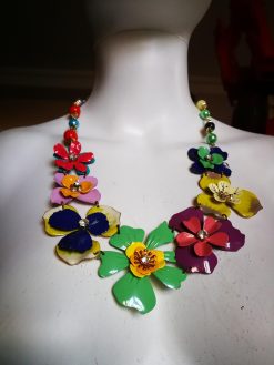 Vintage Jewel Metallic Flower Design, Bakelite & Celluloid Assemblage Statement Necklace, Woman Chunky Jewelry Bib