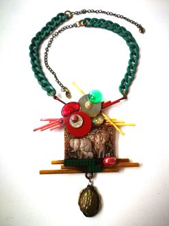 Sculpture Jewelry, Vintage Bakelite and Celluloid Assemblage Necklace, Elephant Abstract Design Chunky Jewel Chain
