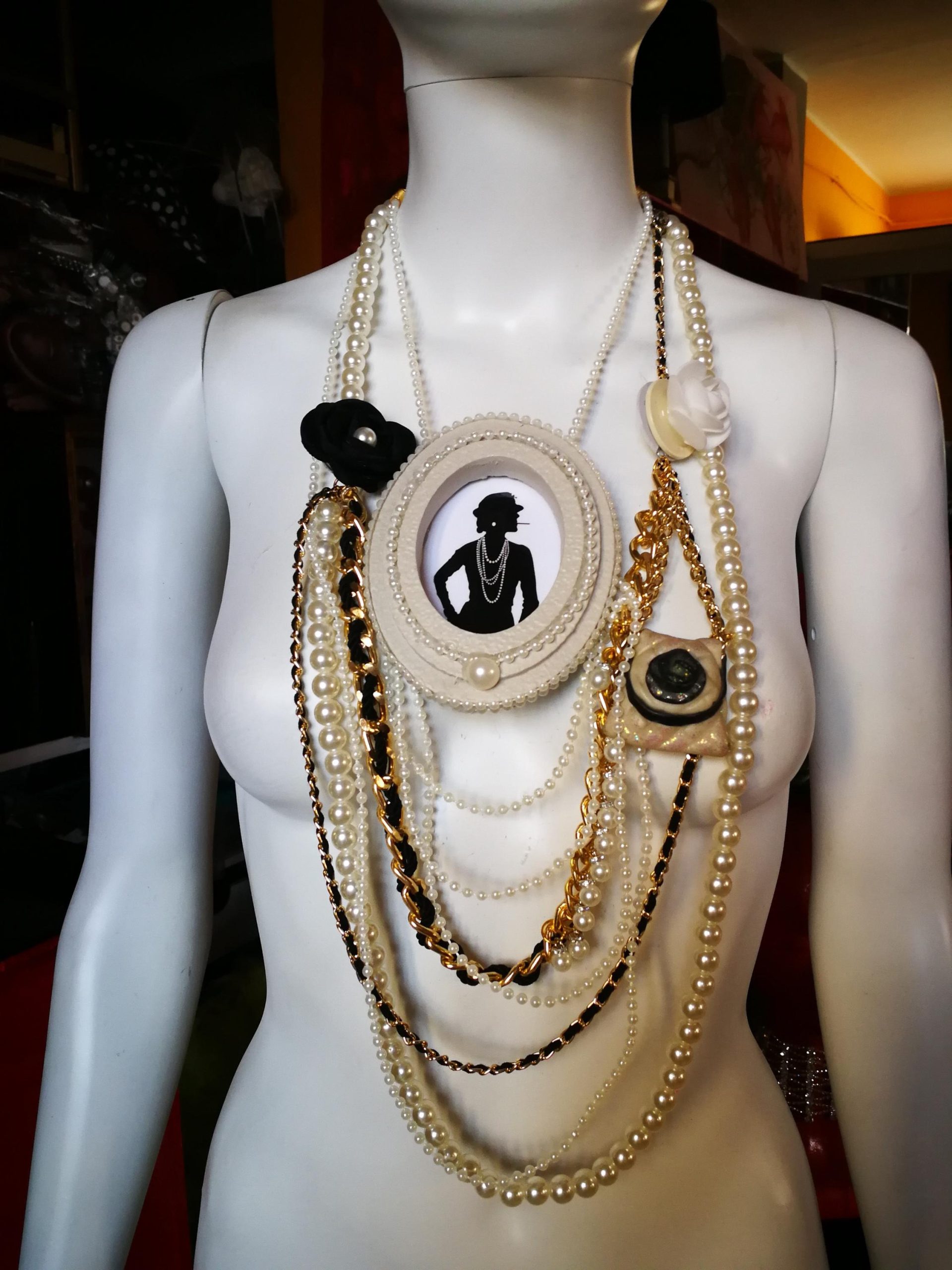 Assemblage Jewelry Vintage Cameo Silhouette, Elegant Classic Statement Pendant, Madame Coco Chain Pearl Necklace