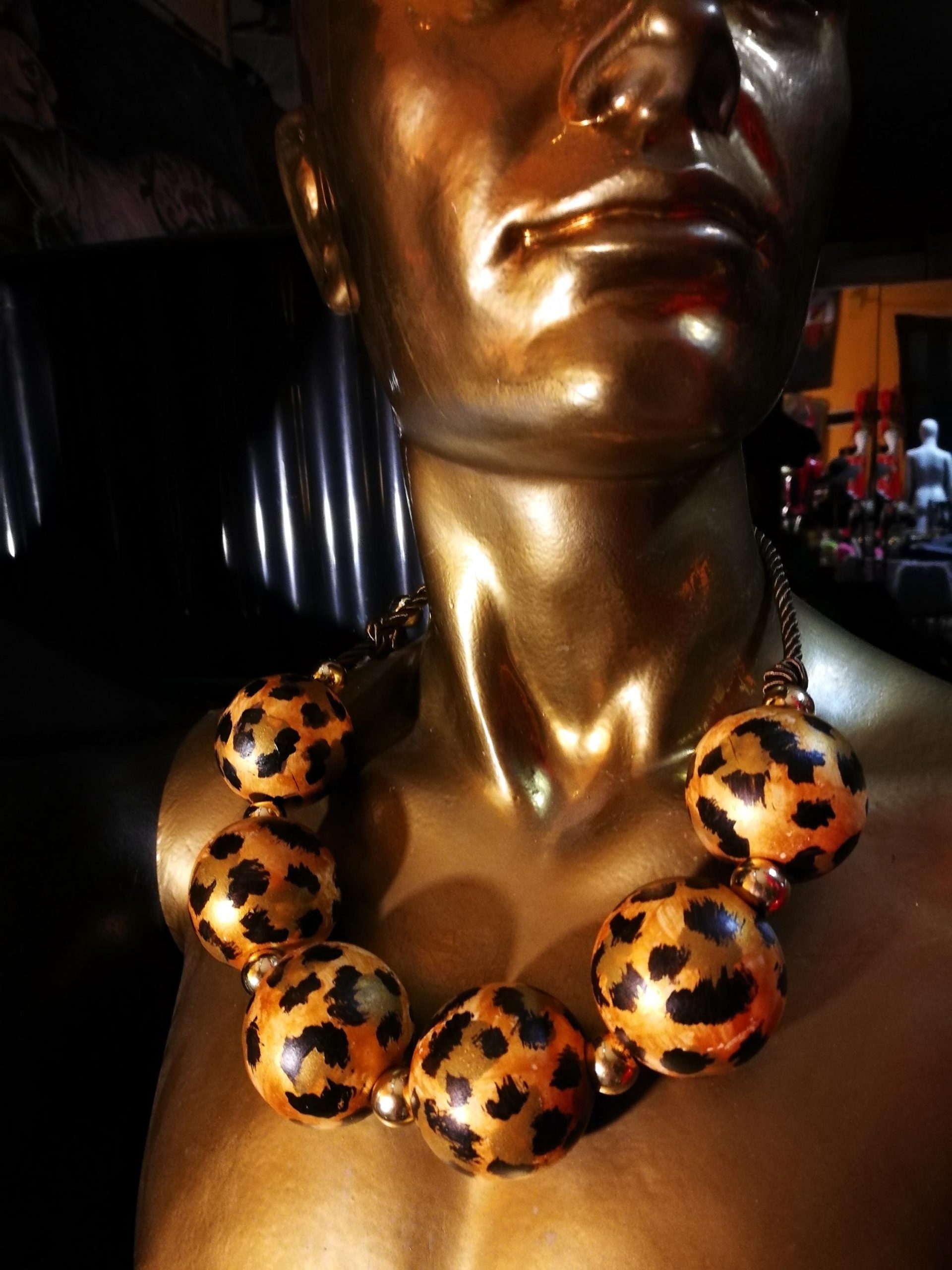 Oversized Necklace Hand Painted Leopard Orb Beaded Statement OOAK Haute Couture Jewelry Sculptured Wild