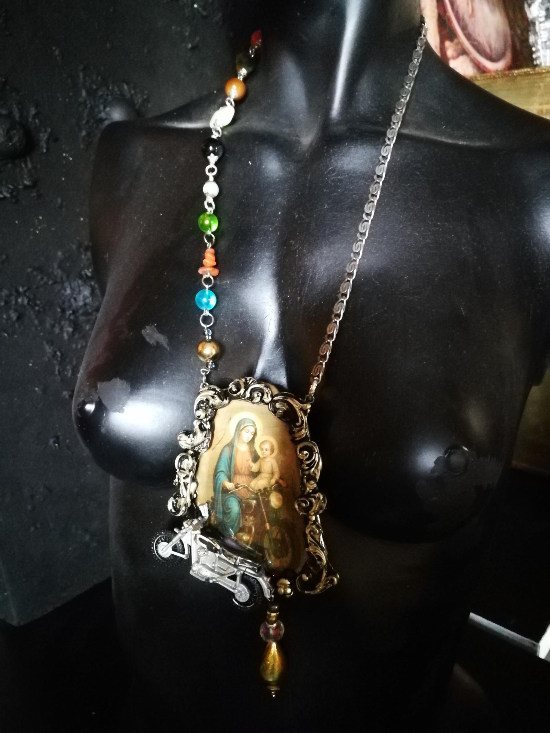 Holy Pop Jewelry, Ironic Vibes Religious Baroque Style, Orthodoxe Icon Necklace, Madonna with Child Motocycle Pendant