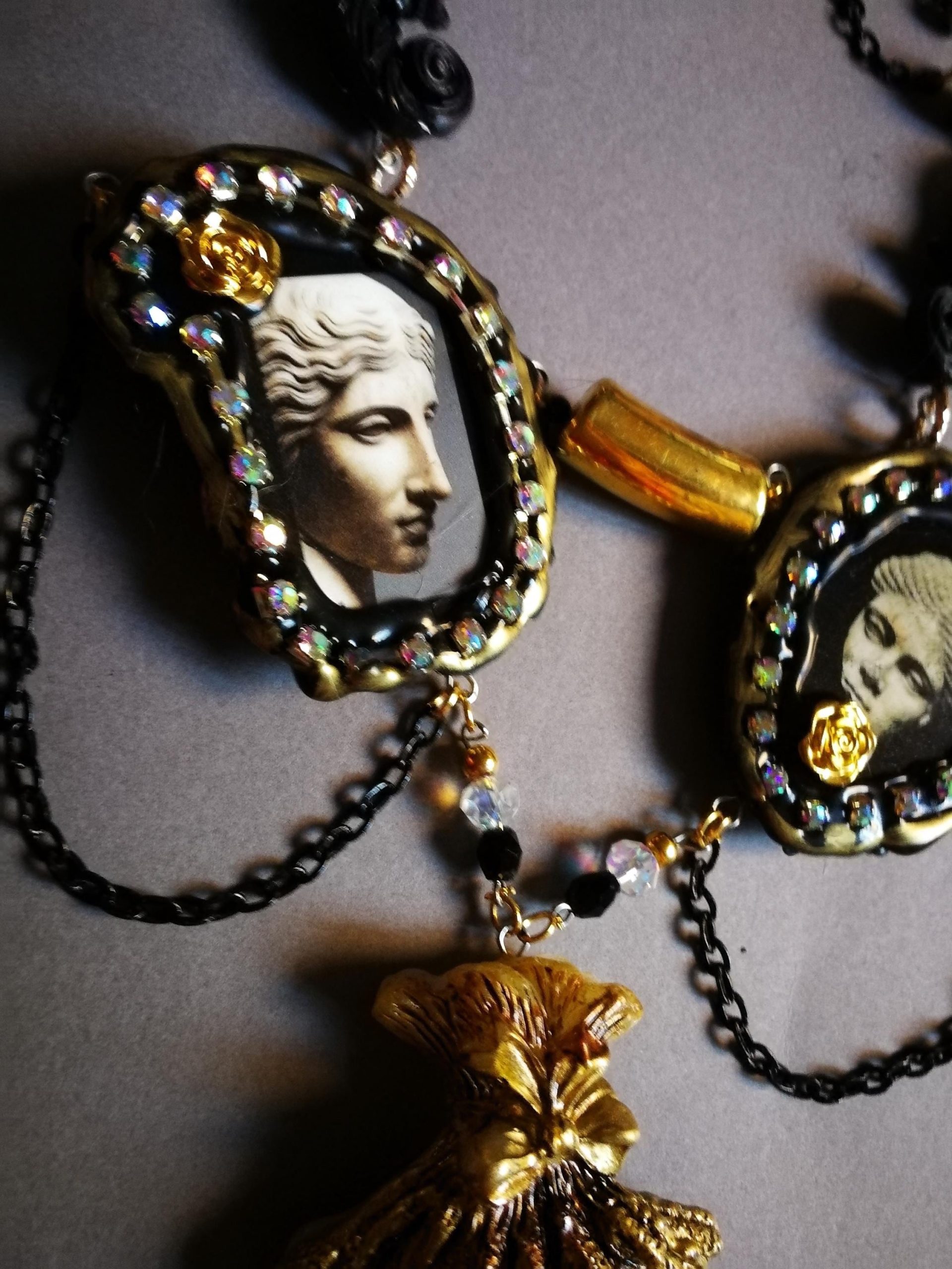 Greek Statue, Baroque Sicilian Massive Necklace, Rococo Pendant Assemblage, Luxury Jewelry Greece Antique
