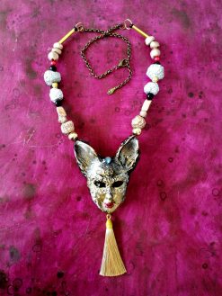 Venetian Mask Costume Jewelry, Cat Pendant Theatre Eye Mask, Luxury Charm Statement Sculptural Necklace