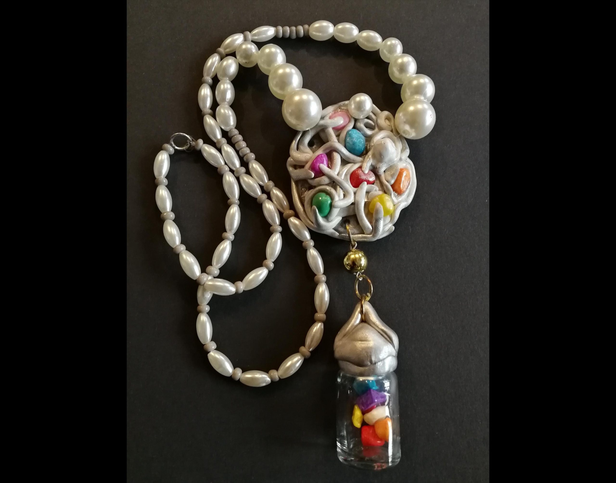 Pendant Necklace Gemstone, Boho Couture Rope Amulet, Modernist Minimalist Designer Jewelry, Pearl Charm Locket