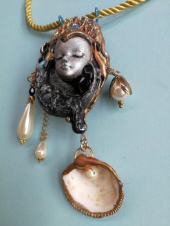 Belle Epoque Jewelry, Liberty Doll & Moon Sculpture Pendant Statement Golden Age Pearl Shell Charm