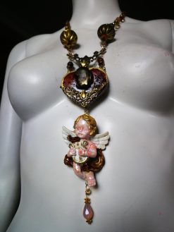 Vintage Jewelry Baroque Jewellery, Music Making Angel Winged Archangel Pendant, Rococo Necklace Antique Cherubim