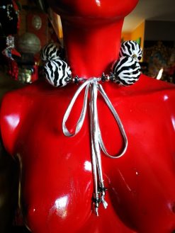 Oversize Beaded Necklace, Hand Painted Zebra Black & White Statement OOAK Couture Jewelry Sculptured Wild