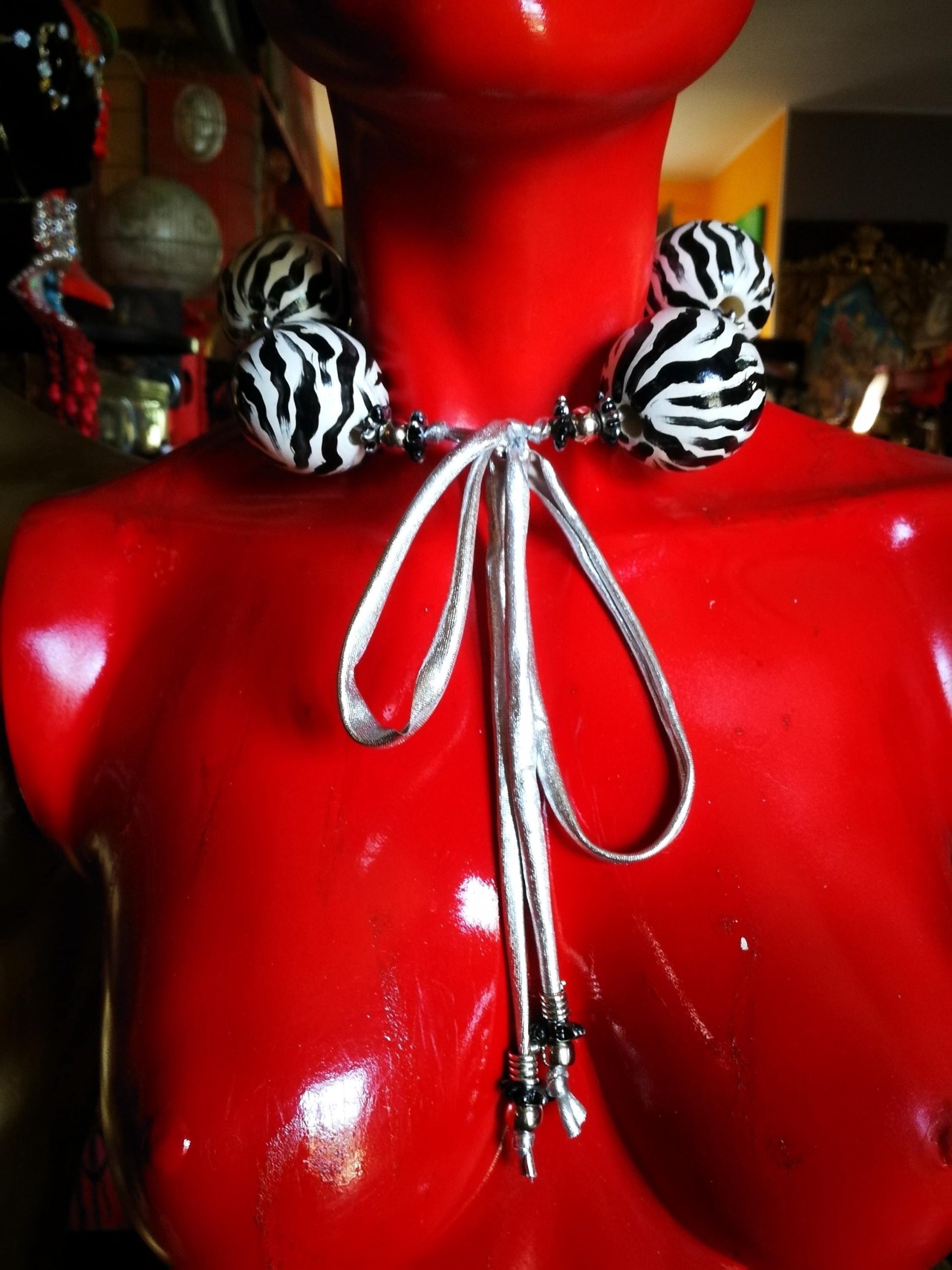 Oversize Beaded Necklace, Hand Painted Zebra Black & White Statement OOAK Couture Jewelry Sculptured Wild