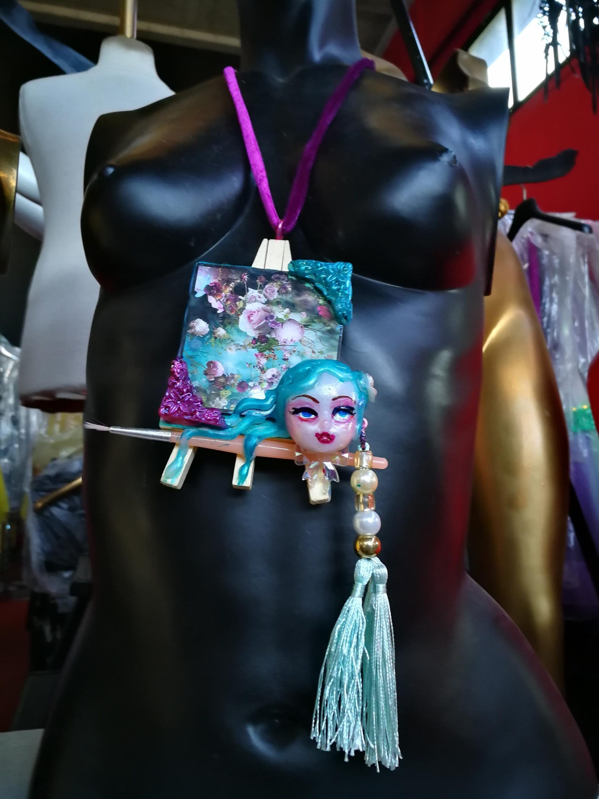 Doll Head Necklace, Artist Palette OOAK Pendant, Big Bold Chunky Tassel Statement Sculpture Jewelry