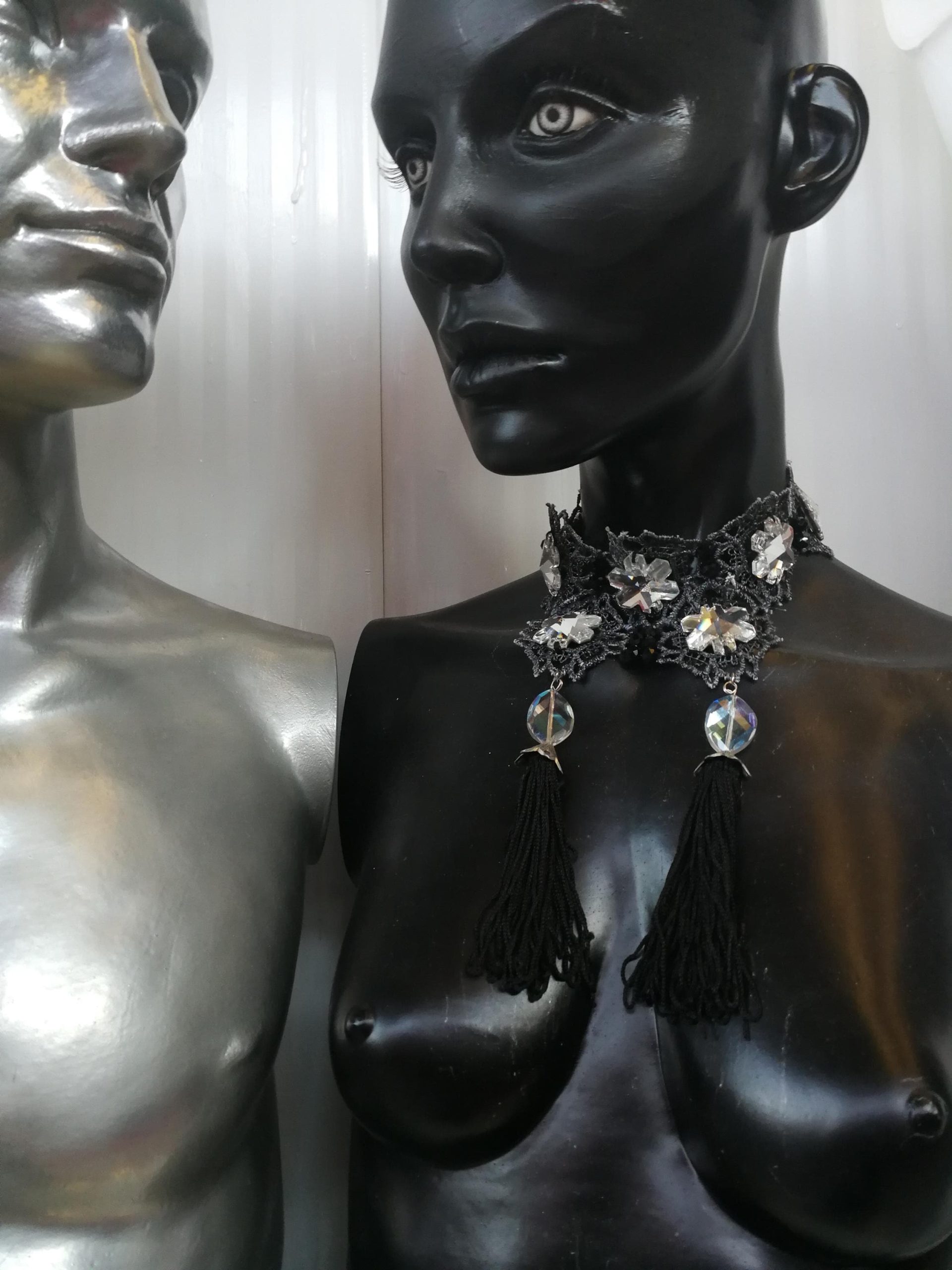 Maie Antoniette Collar, Strass Choker Jewelry, Embroidered Lace Crystal Bib, Victorian Baroque Necklace Tassel Charm