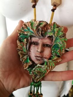 Designer Jewelry, Chunky Pendant Forest Spirit Guide, Green Elf Little People Chunky Necklace Charm