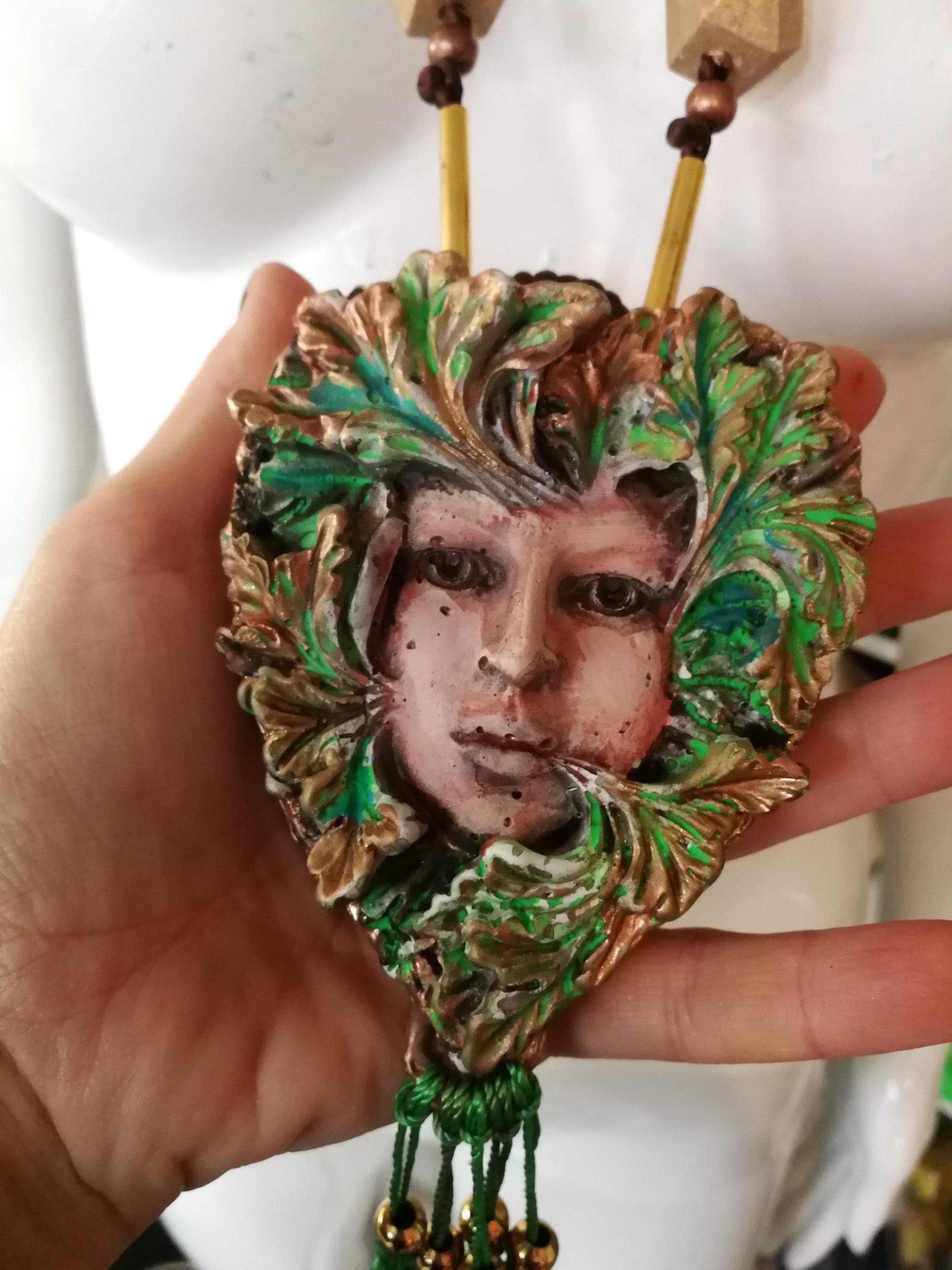 Designer Jewelry, Chunky Pendant Forest Spirit Guide, Green Elf Little People Chunky Necklace Charm