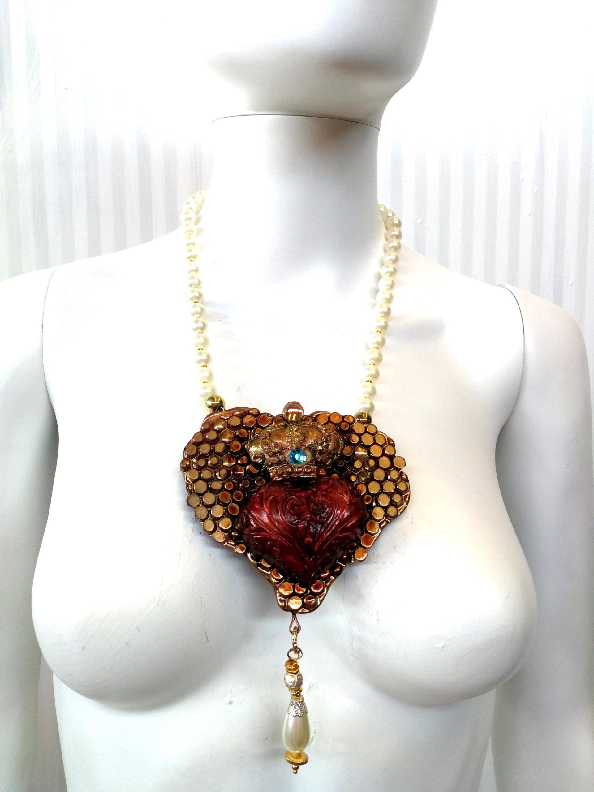 Luxury Necklace, Bee Nest Bumble Honey Pendant, Broken Heart Jewelry Charm Pearl Royal Crown