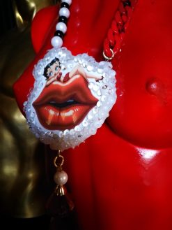 Betty Boop Figurine Whimsical Statement Necklace, OOAK Kiss & Lips Jewelry Old Hollywood Femme Fatale