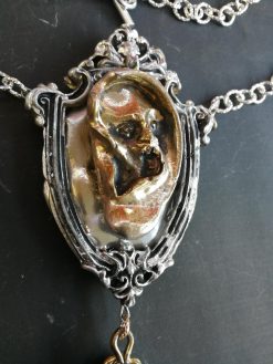 Art Deco Silver Pendant, Golden Music Ear, Brutalist Chain Locket