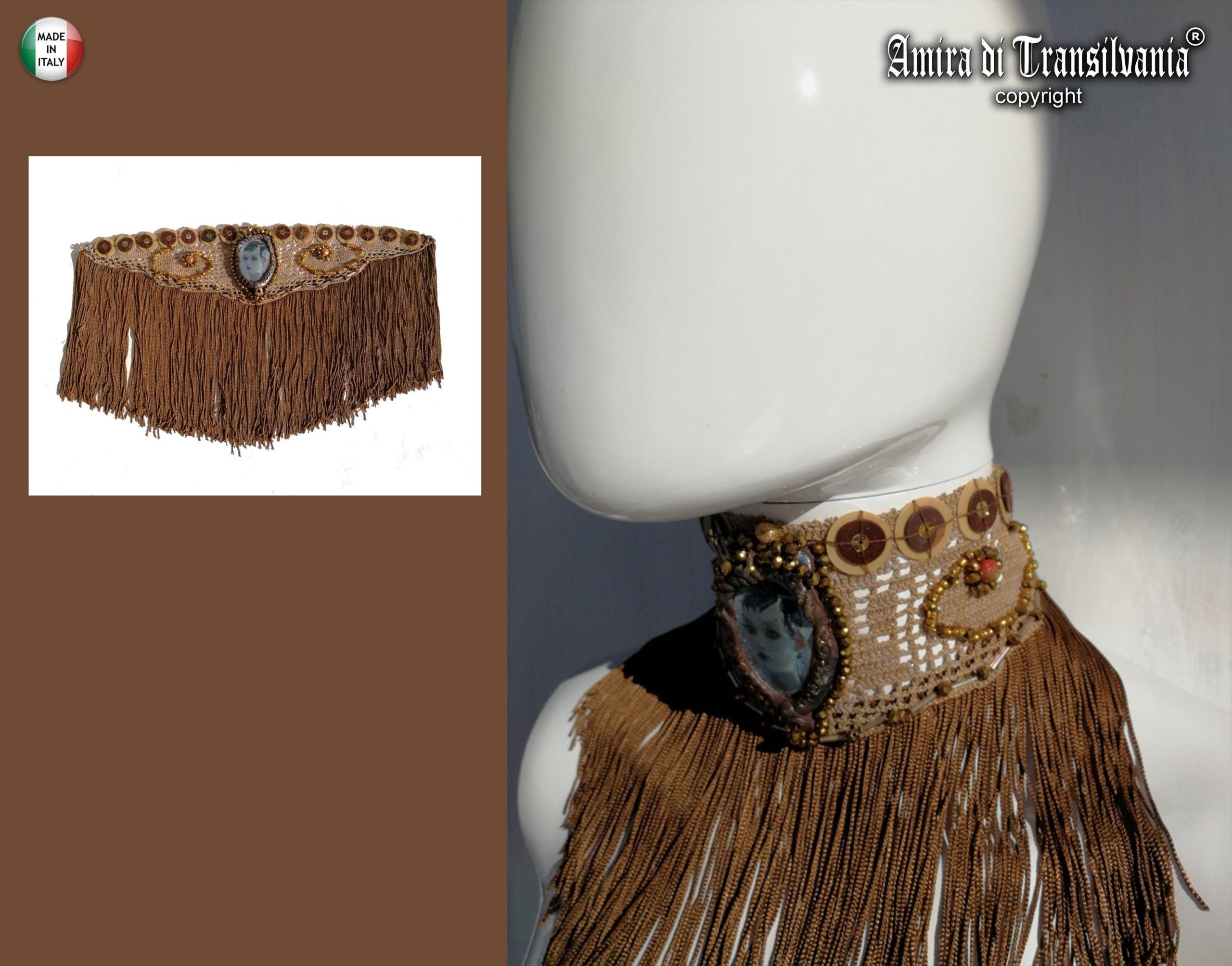 Handmade Macrame Lace Choker, Cameo Medallion, Fringe Collar