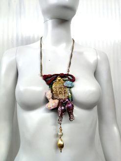 Doll Head Bird Cage Pendant, Art Deco Golden Pearl Charm