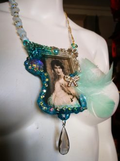 Belle Epoque Photo Charm Necklace, Feather Pendant, Art Deco Nouveau Jewelry