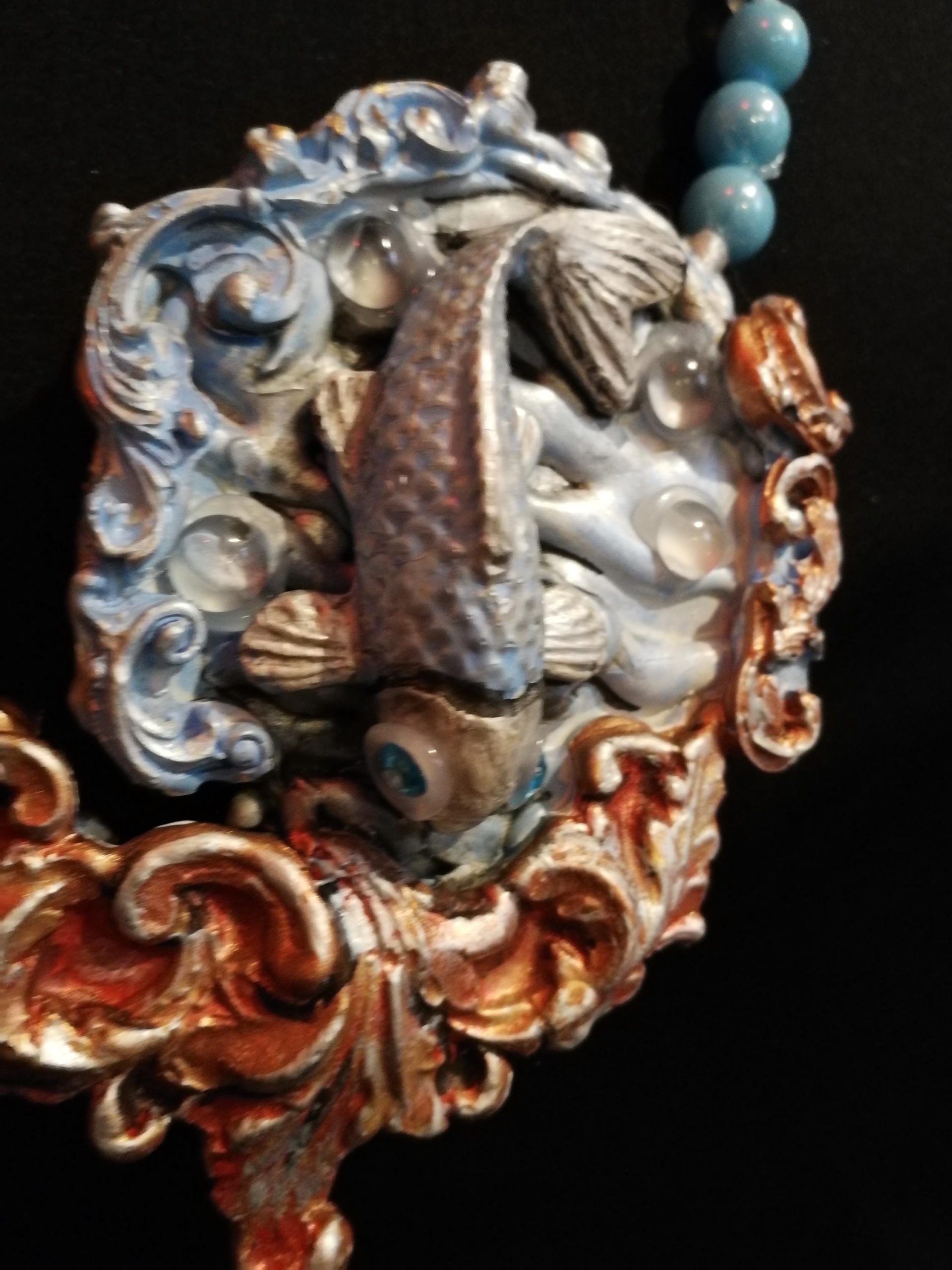 Art Deco Koi Fish Pearl Necklace, Handmade Sea Life Amulet